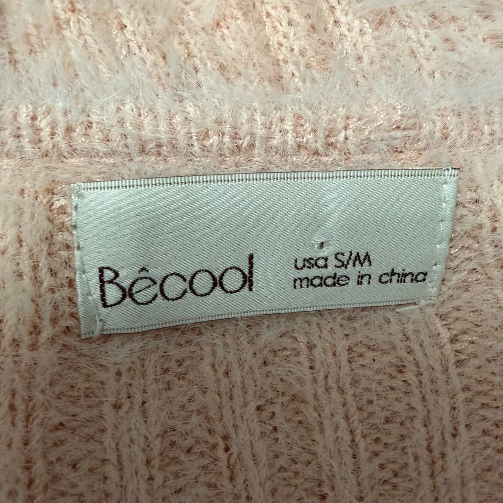 Becool Fuzzy Eyelash Knit Cropped Sweater S/M Peach Pink Surplice V-Neck - Picture 6 of 8